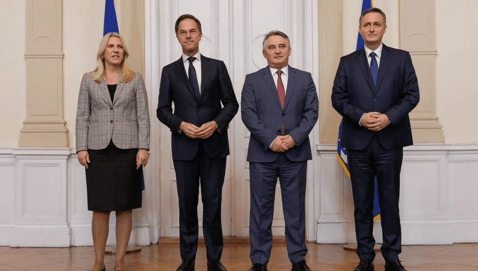 NATO Secretary General Mark Rutte stands with members of the Presidency of Bosnia and Herzegovina.