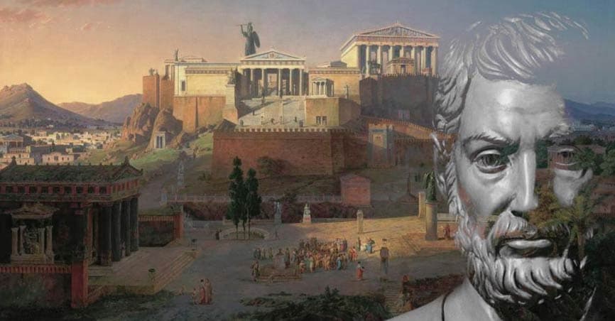 A modern marble bust of Cleisthenes set against a painted reconstruction of ancient Athens.